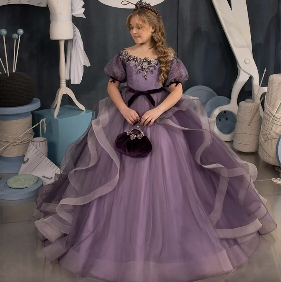 2024 New Purple Little Girls Pageant Dresses Beaded Crystals Ball Gown Crew Neck Kids Toddler wer Prom Party Gowns for Weddings cascading ruffles