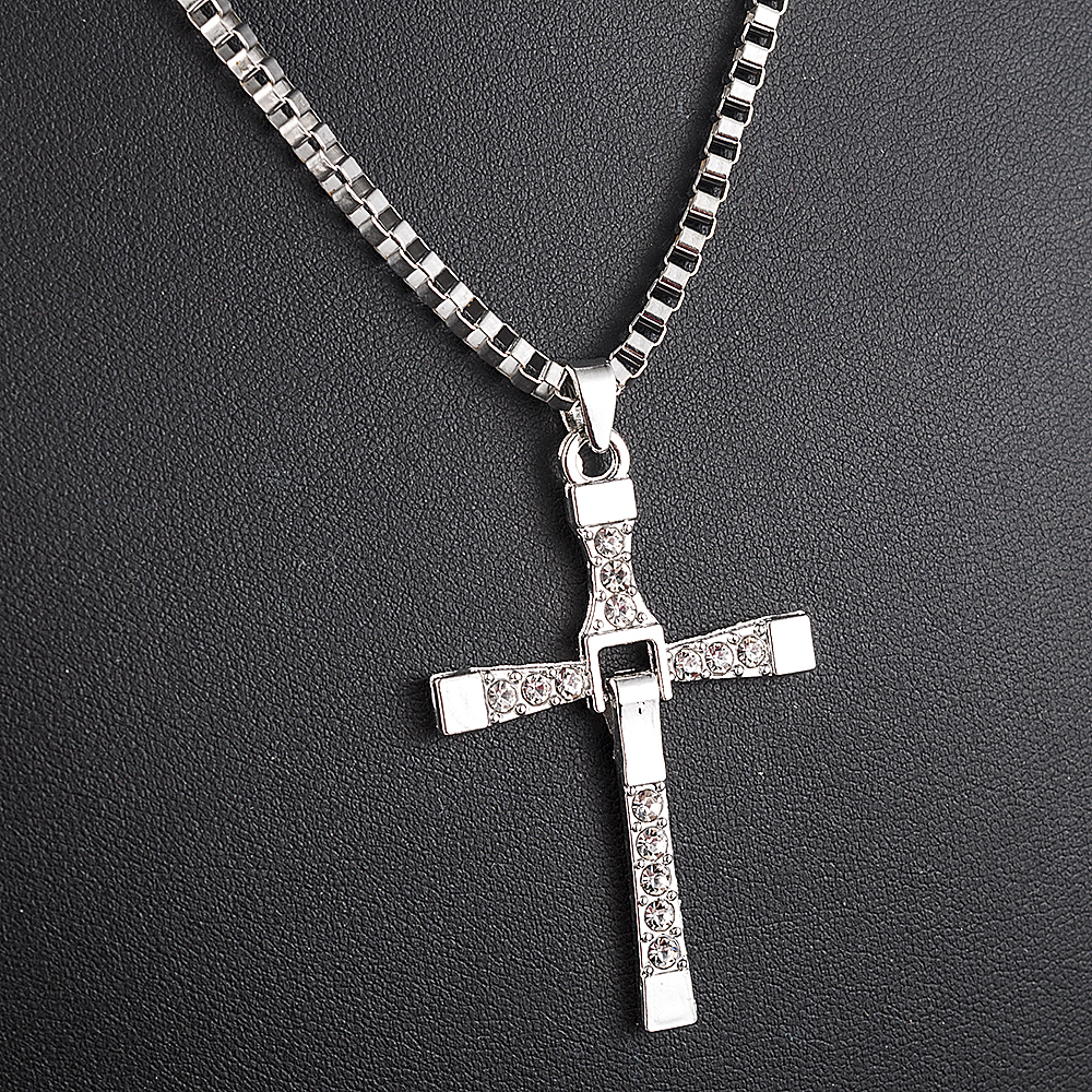Fast and Furious Movies Actor Dominic Toretto Rhinestone Cross Crystal Pendant Chain Necklace Men Jewelry