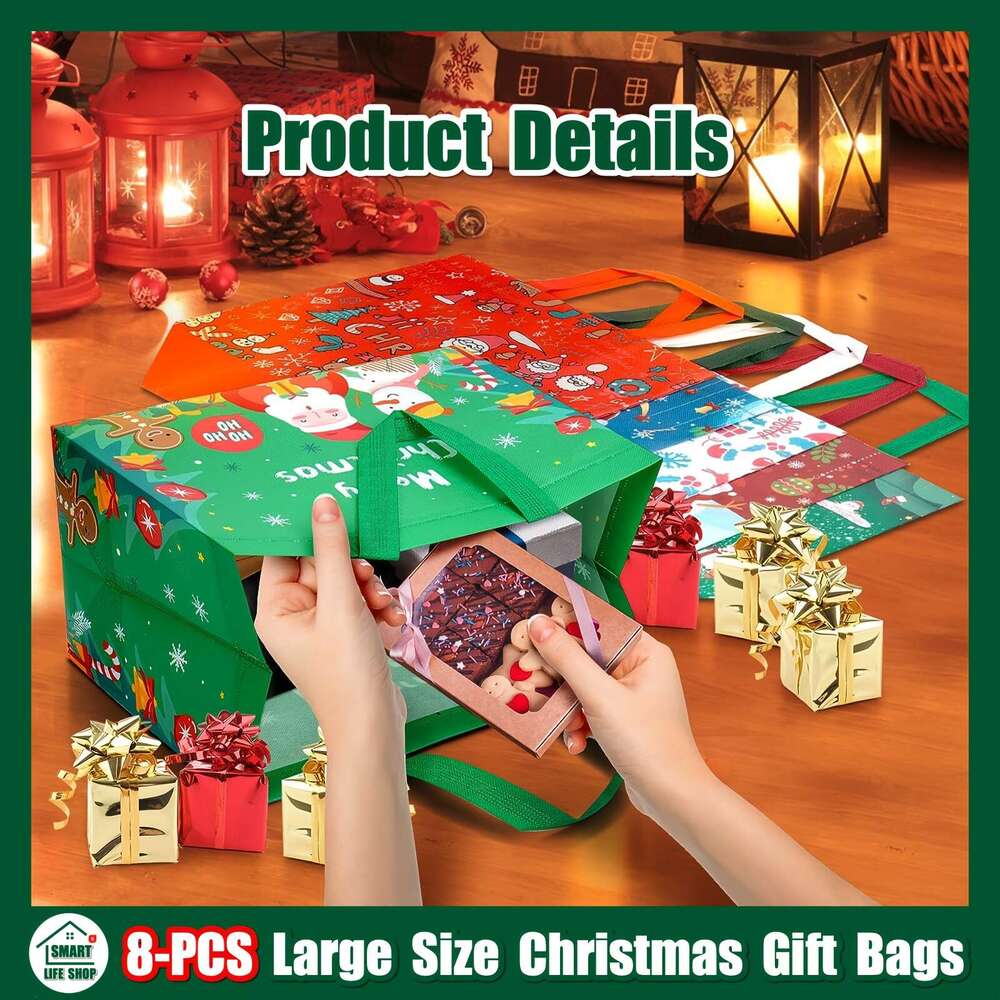 Christmas 8pcs Christmas - Reusable, Waterproof, Reinforced Handle Tote Bags for Grocery Shopping and Gift Giving