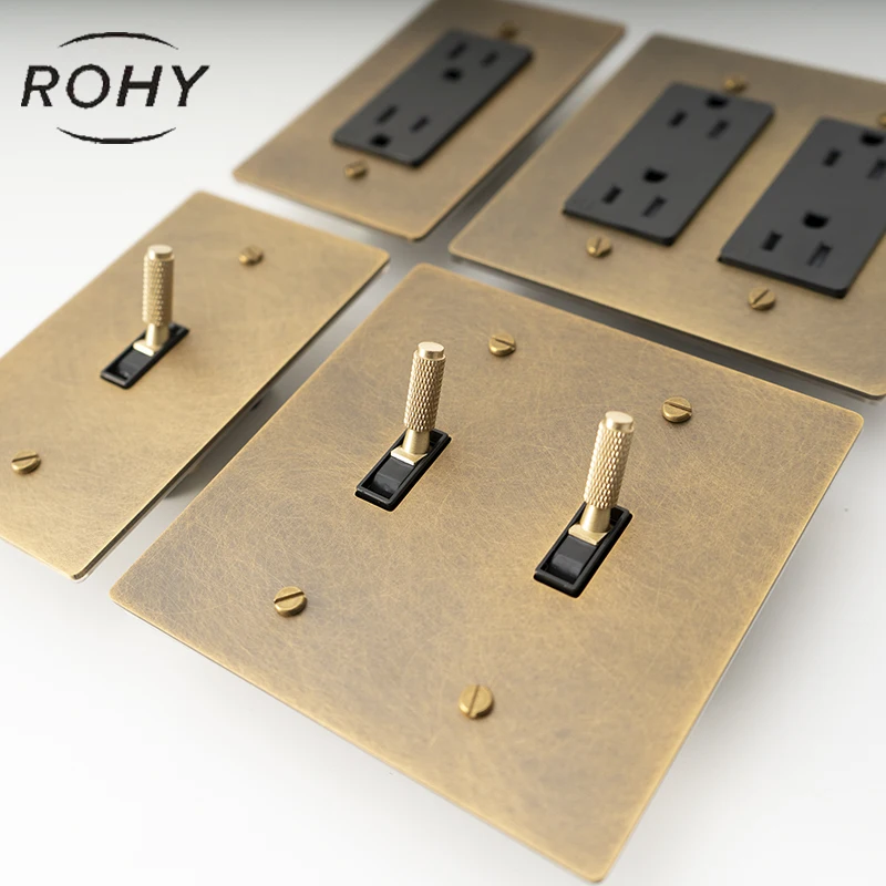 Retro Brass Panel American Standard UL 1GANG Antique Brass Knurled Toggle Switch 15A GFCI USB Socket 110V Dimmable LED Dimmer