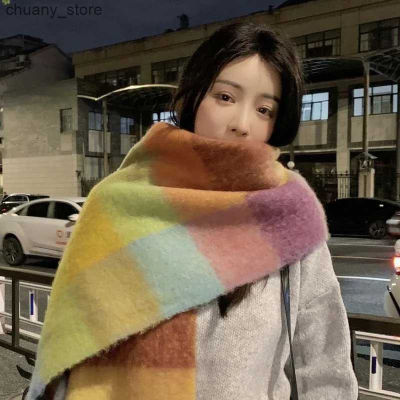 Scarves Rainbow Plaid Scarf For Women Autumn-Winter Premium Color Matching Fringe Mohair Thickened Shawl 24W027 L240910