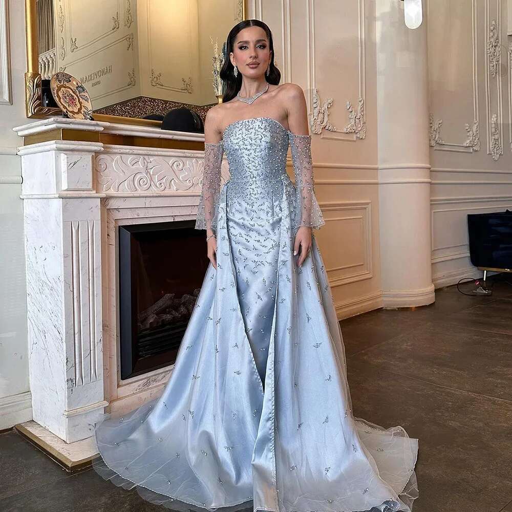 Customized Serene Hill Arabic Strapless Blue Beaded Pearls Dubai Evening Gown For Formal Ocn LA Mal