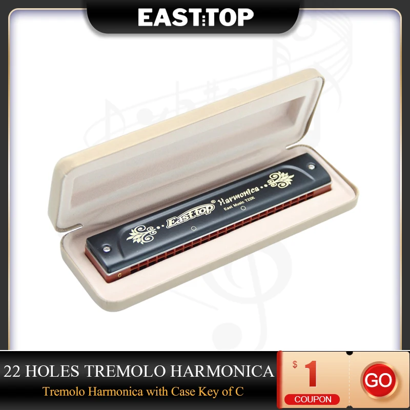 EASTTOP 22 Holes Tremolo Harmonica Key Of C Tremolo Mouth Organ Harmonica With Case For Adults Student Professional Players T22k