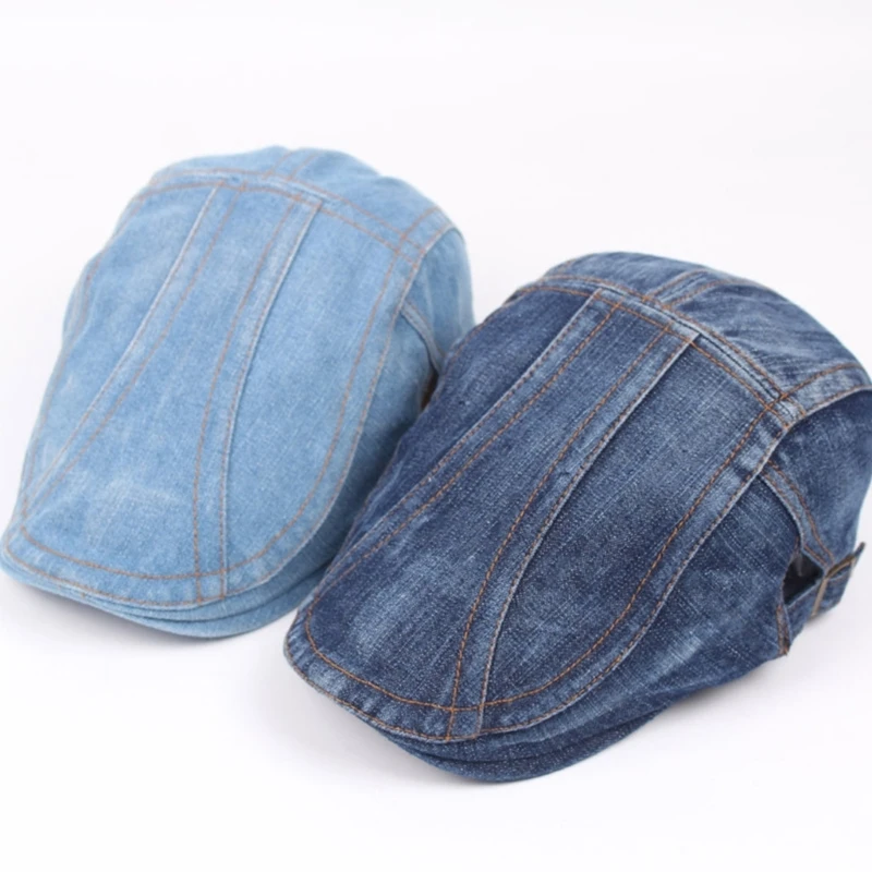 Color ddmysmile Spring Summer Solid Newsboy Cap Men Polyester Washed Denim Flat Peaked Cap Drop Shipping Smile