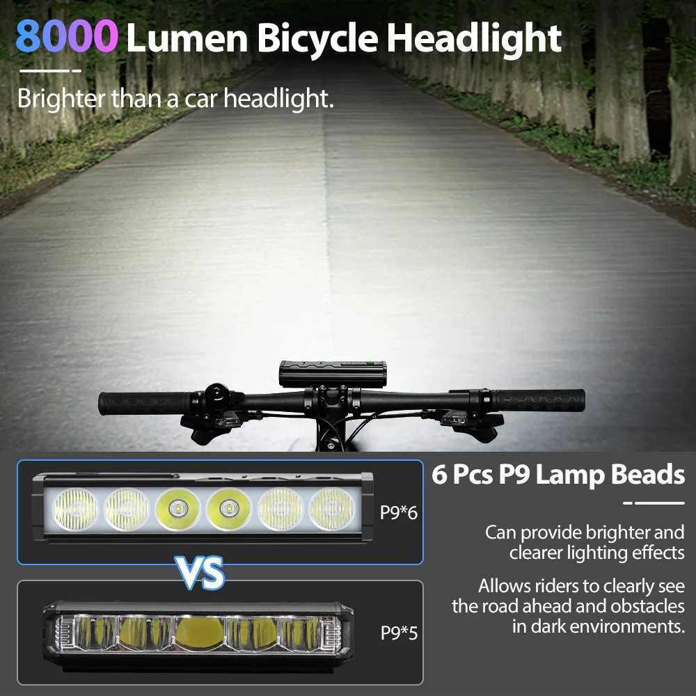 Bicycle headlight 8000Lumen bike light 5000mAh waterproof flash USB charging MTB road bike light accessories X241109