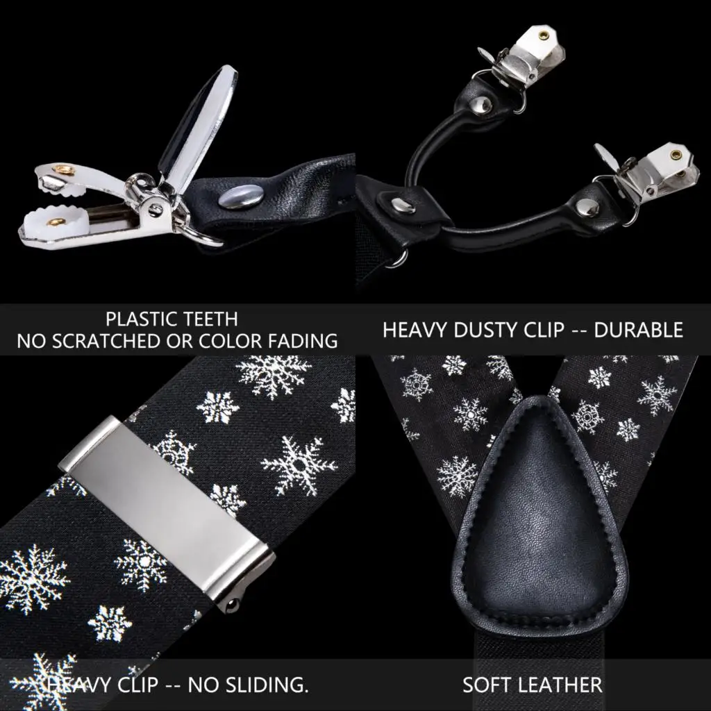Mens Christmas Suspender Silk Black Snow Adjustable 6 Clips ddmysmile Y Back Xmas Santa Braces Bowtie Hanky Cufflinks Set Gift Barry.Wang Smile
