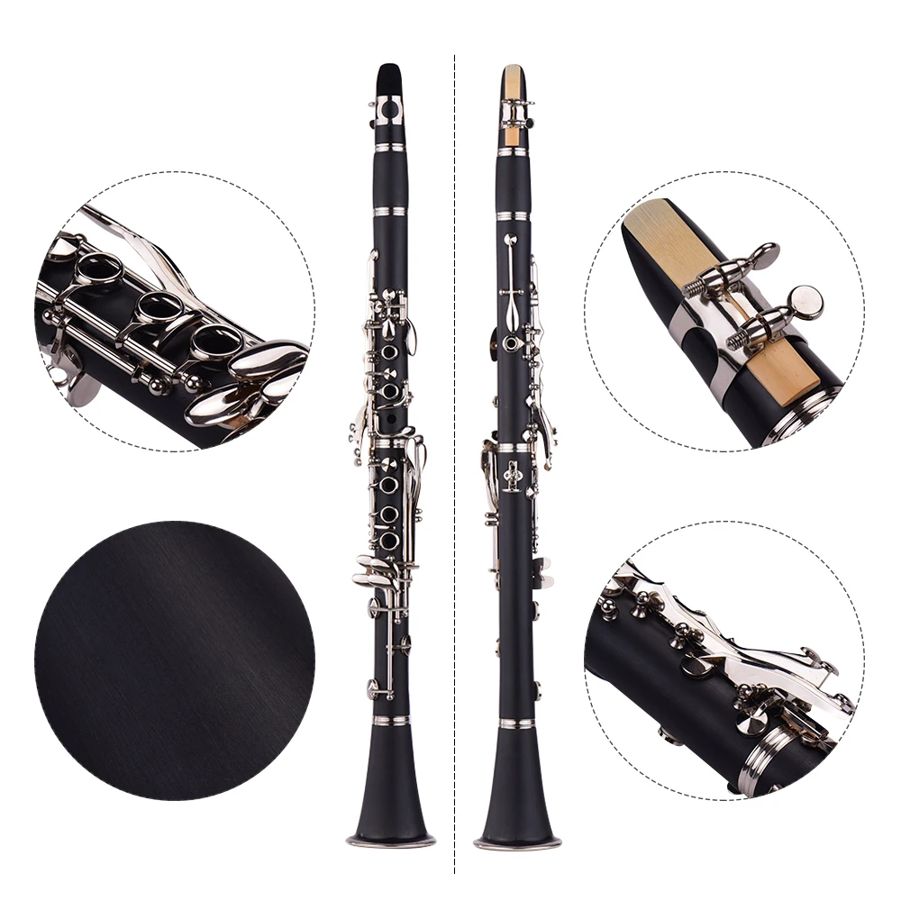 Muslady ABS 17-Key Clarinet Bb Flat with Carry Case Gloves Cleaning Cloth Screwdriver 10pcs Reed and Case Woodwind Instruments
