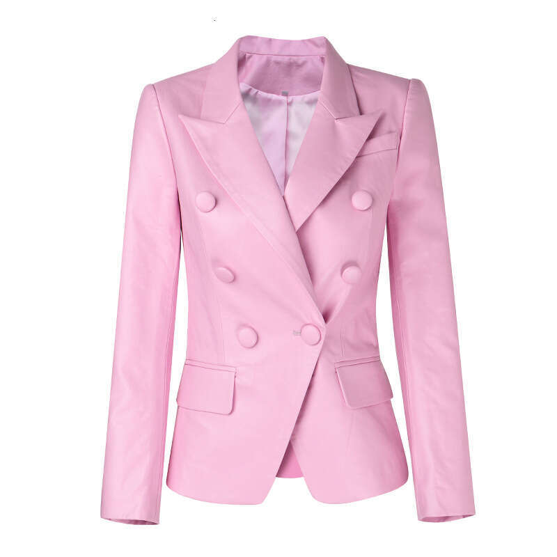 shanshi leather jacket women Spring and Autumn Pink Slimming Temperament Commuter Collar Double breasted Solid Color Long sleeved Suit PU Leather Jack