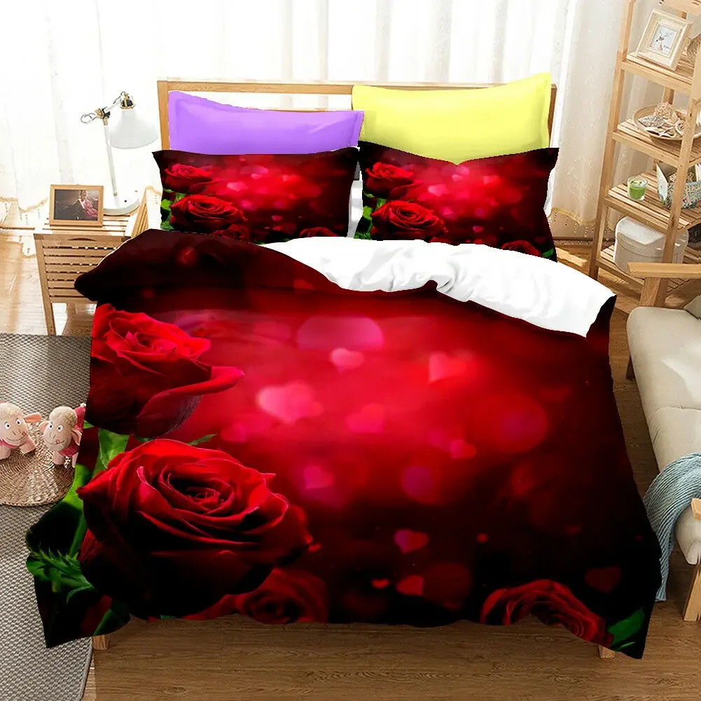 Duvet Cover Rose Red Set Flower 3D Passionate Rose Romantic Bedding Set for Woman Double Queen King Size Polyester Quilt Cover smile