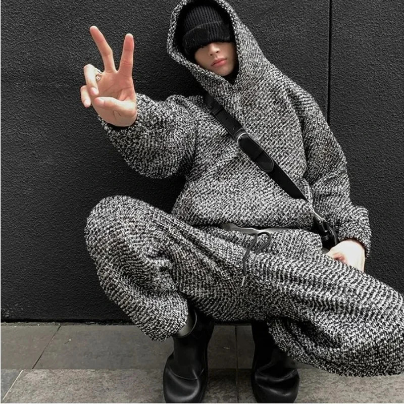 Mens Korea Harajuku Set High Street Xiaoxiangfeng Hooded Sweatshirtbaggy Straight Pants Male Retro Sets Spring Fashion Suit 240320