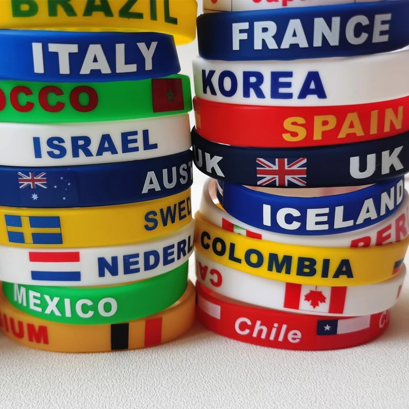 World Flag 2PCS/Lot Country Silicone Wristband France Usa Spain Name Print Foodball Basketball Teem Cheer Up Jewelry Sport Gifts smile