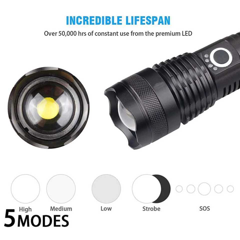 Flashlight xhp70 is the most powerful LED charging light with USB Zoom 18650 battery and 26650 torch for optimal camping outdoor and emergency use X24