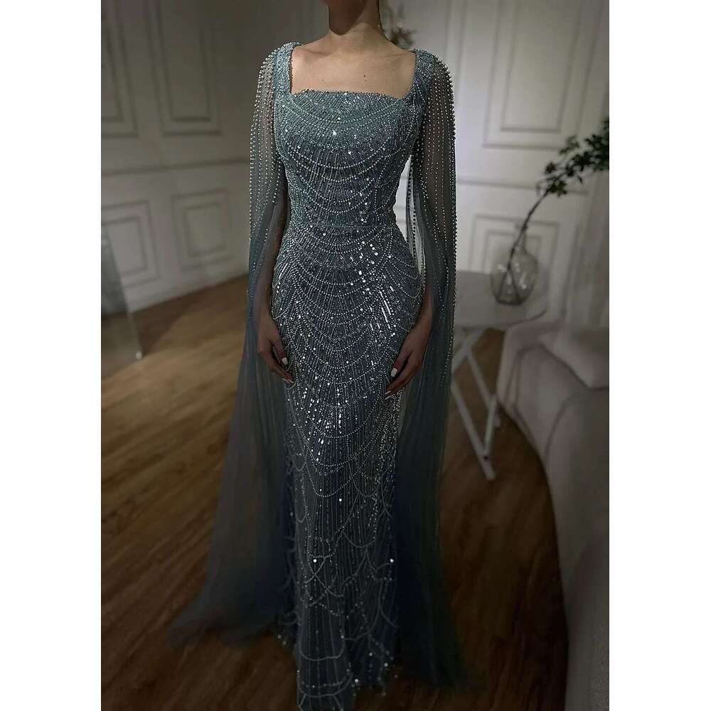 Hill Saudi Serene Arabic Turquoise Mermaid Evening Dress With Beaded Pearls Cape Sleeves For Ocn LA A Customized