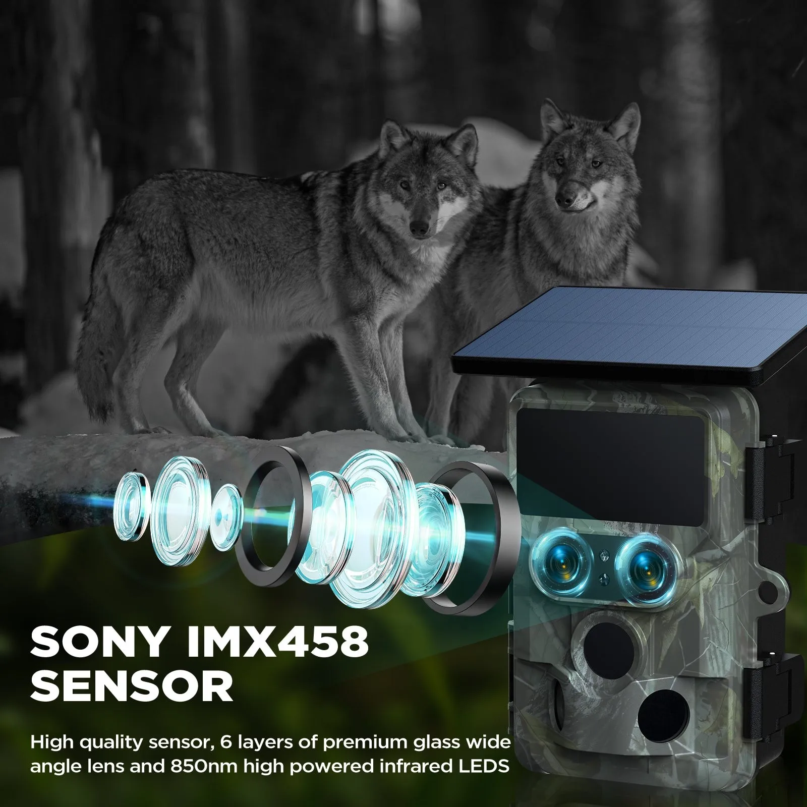 SunGusOutdoors 4K 48MP Solar Powered WiFi Dual Lens Wildlife Trail Camera Traps with 13MP SONY Native Sensor App Settings