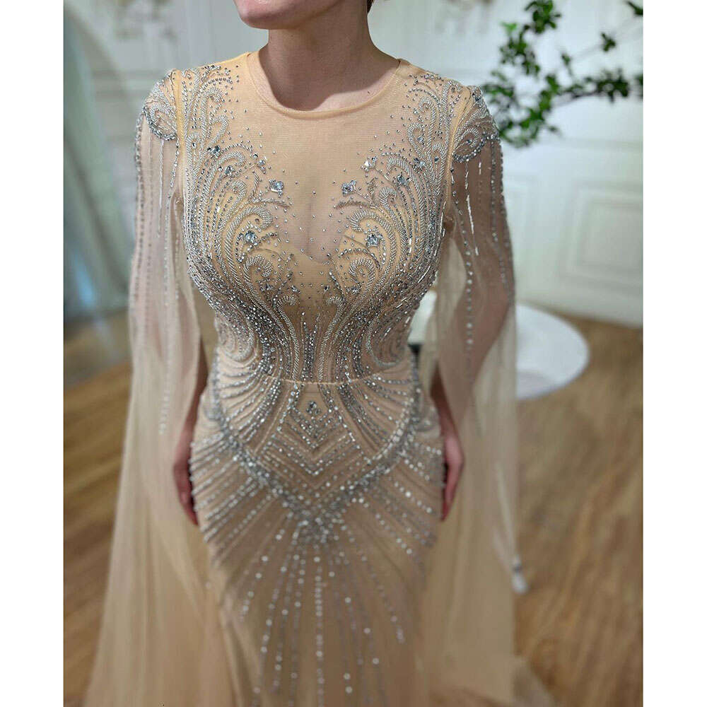 Mermaid Customizedarabic Nude Cape Sleeves Elegant Beaded Evening Dresses Gowns For Women Party