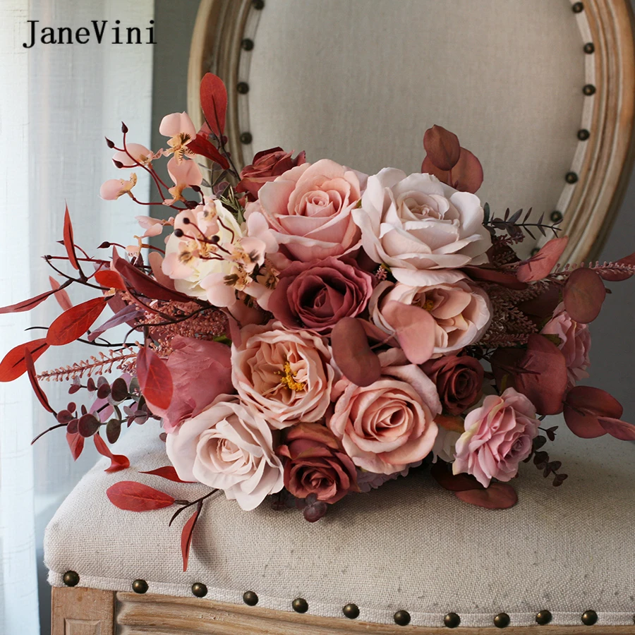 Pink Bride Vintage Janevini Flower For Wedding ddmysmile European Bridal Bouquets Handmade Silk Roses Eucalyptus Fake Bouquet Accessories Smile