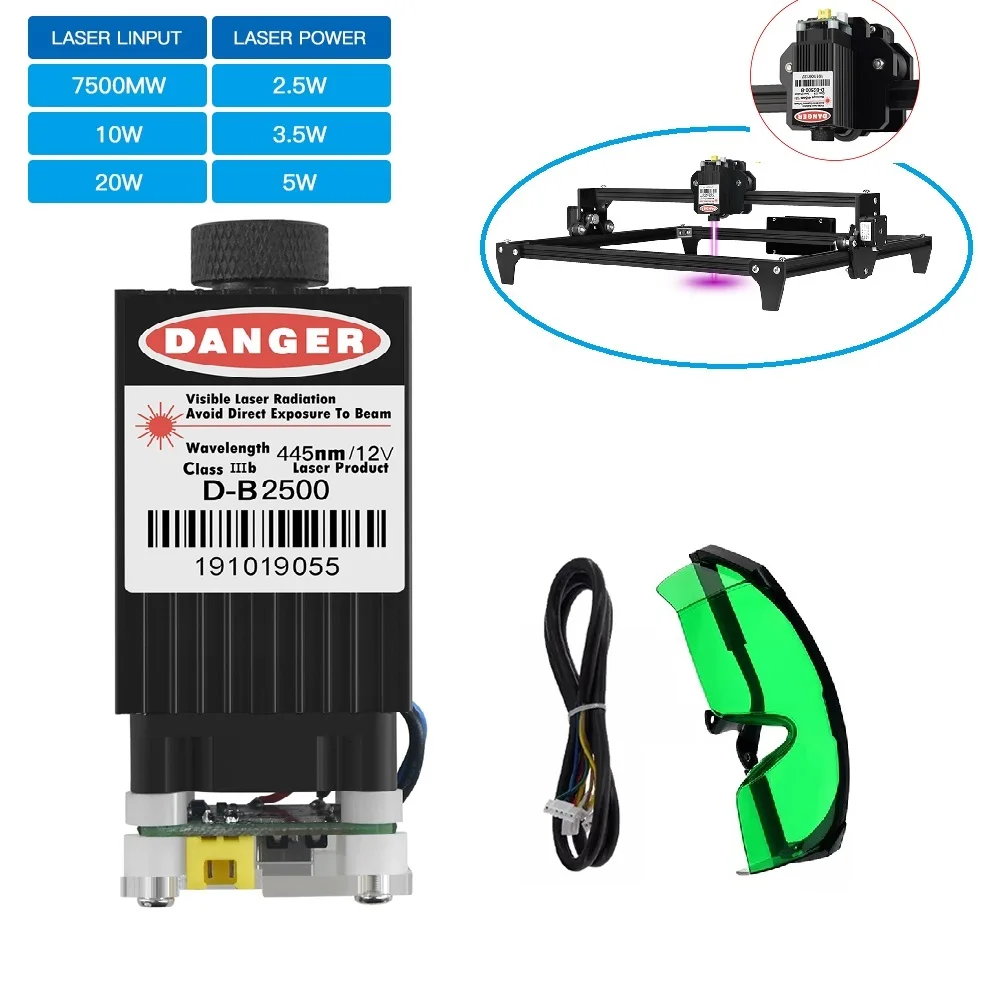 450nm Blue Light TTL Focusing Laser Head Module 7.5W/20W with Cable and Goggles Kit for CNC Laser Engraving Cutting Machine