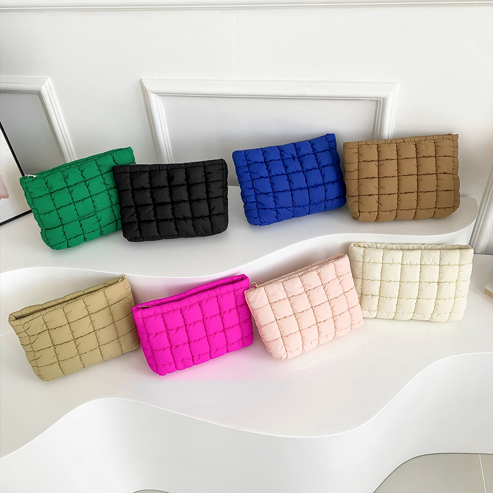 Quilted Puffy Travel Pouch with Zipper Makeup Organizer Storage Bag Solid Color for Women and Girls
