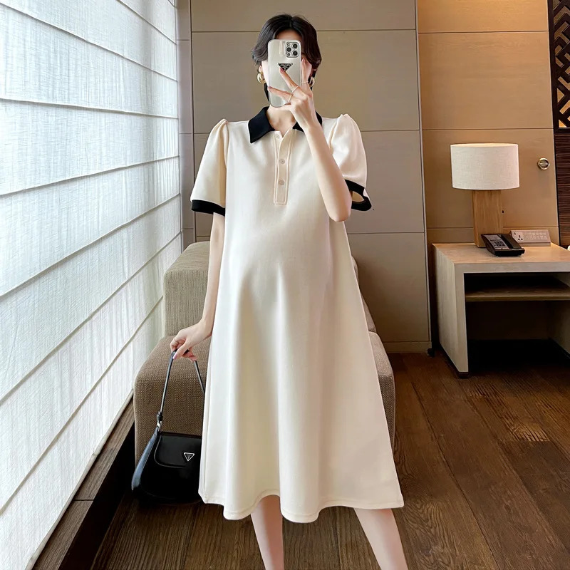 Autumn Korean Fashion Maternity Long Dress Elegant Ruffle O Neck A Line Clothes for Pregnant Women Pregnancy Clothing 240326bj