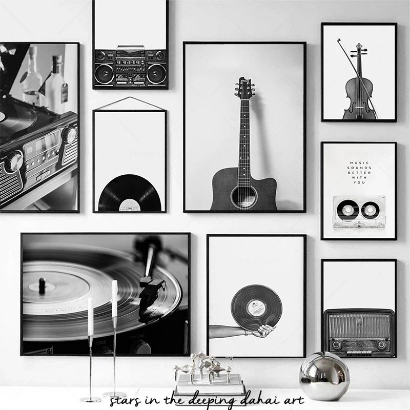 Music White Retro Black Vinyl Record Guitar ddmysmile Violin Art Poster Canvas Painting Wall Prints Picture Living Room Home Decor Cuadros Smile