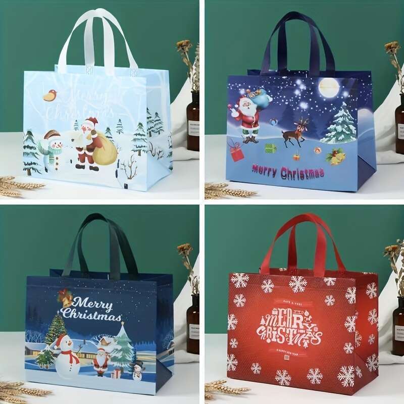 Christmas 8pcs Gift With Handles, Grocery Christmas Treat Bags, Multifunctional Non-Woven Holiday Decoration Bags