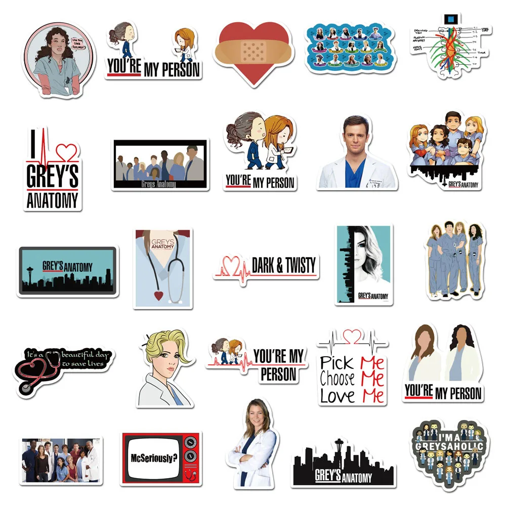 10/50PCS TV Show Greys Anatomy Funny PVC Scrapbooking For Luggage Laptop Phone Decals DIY Album Cute Doctors Stickers