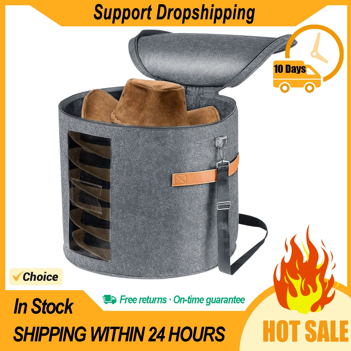 Storage Box Hat With Zippered Adjustable Shoulder Strap Felt Round Organizer Travel Case Storage Bins Home Accessories Man Women smile