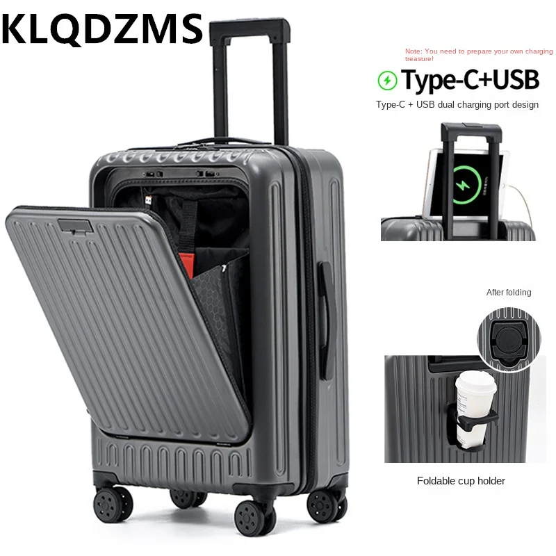 KLQDZMS High Quality Luggage 24"26" Front Opening Trolley Case 20 Inch Boarding Box Women's Travel Bag USB Charging Suitcase