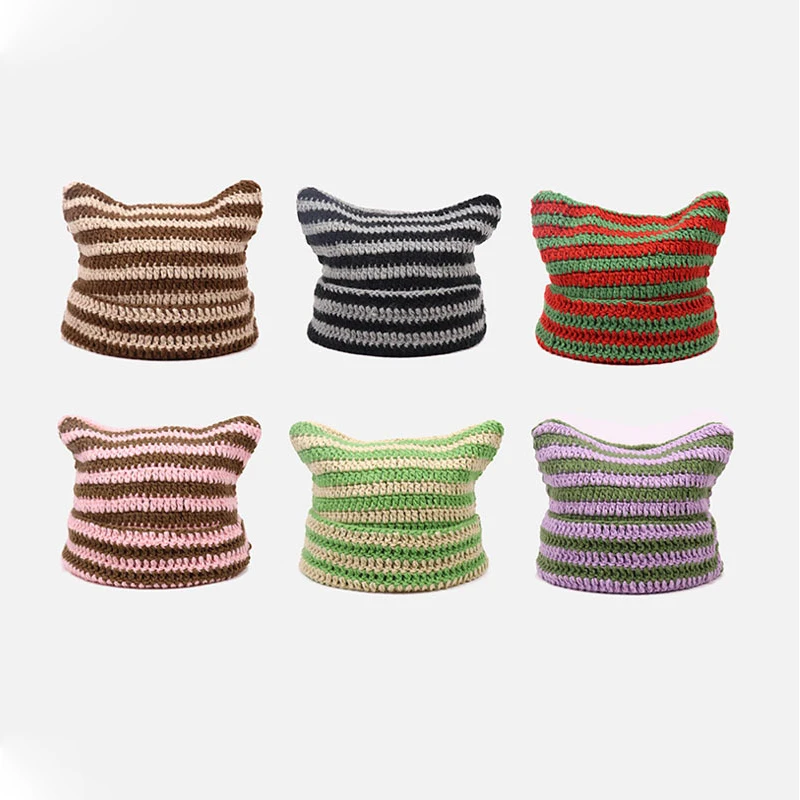 Beanie New Hat Korean ddmysmile Ins Little Devil Striped Knitted Wool Cap Autumn And Winter Cute Cap Ears Pointed Pullover Women's Hats Smile