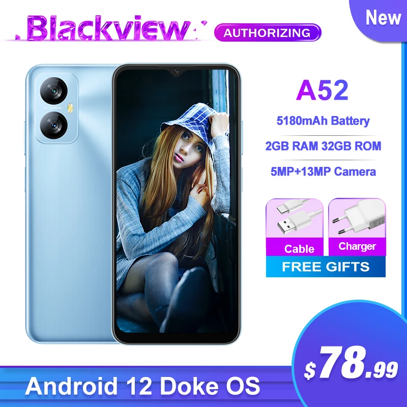 Smartphone A52 New Blackview 2Gb 32Gb ddmysmile 6.5'' Android 12 Cellphone Octa Core Mobile Phone Dual 4G 5180Mah 13Mp Rear Cameras Phone Sm