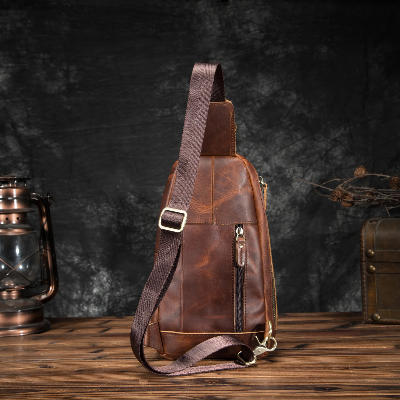 Thick Natural Leather Coffee Travel Triangle Chest Sling Bag For Men Design 8" Tablet One Shoulder Strap Bag Daypack Male 8012