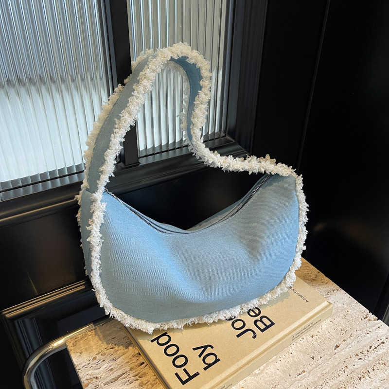 Women's Handbag 2024 New Lamb Wool Niche Design Underarm Canvas Small Bag New Crescent Shaped Bag Fur Burrs Wallet