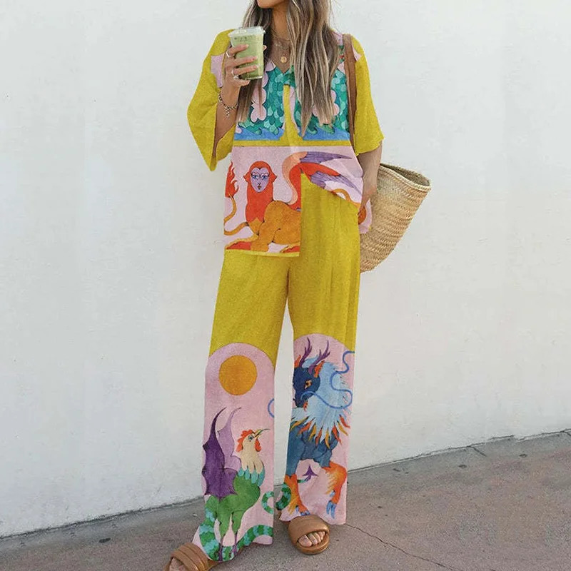 Casual Short Sleeve Cotton Linen Outfits Fashion Lapel Button Shirt Long Pant Suit Women Elegant Pattern Print Two Piece Sets 240401