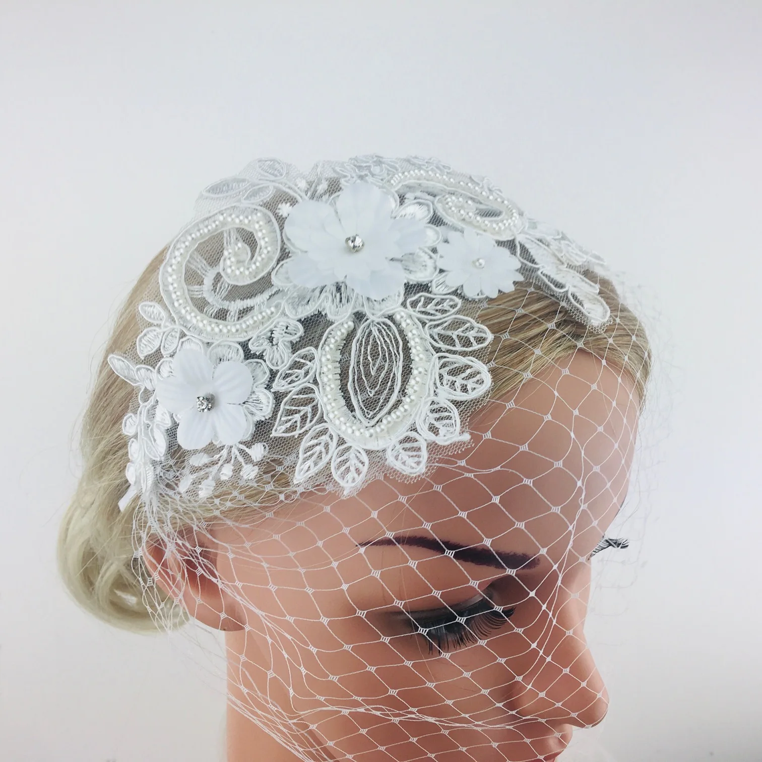 Face Drill White Applique Mask For Bride Headwear Net Birdcage Veils Elegant Pearl Flower Wedding ddmysmile Hair Accessories Hairband Smile