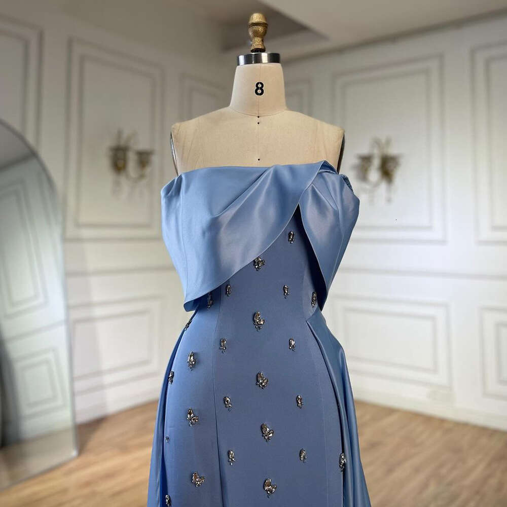 Blue Serene Hill Satin Simple High Split Mermaid Boat Neck Beaded Evening Dresses Gowns For Women Party LA Customized