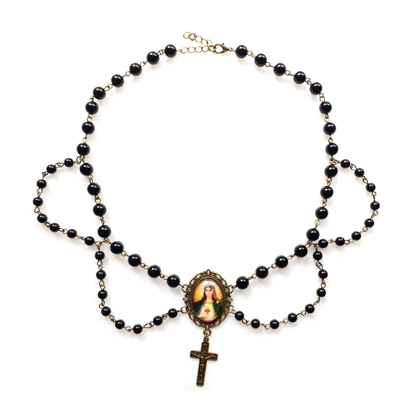 Acrylic QIGO Pearl Black Tassel Cross Virgin Chokers Necklace For Women Religious Jewelry smile
