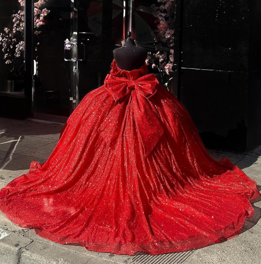 Red Sparkly Luxury Princess Quinceanera Dresses with Bow 2024 Off Shoulder Corset lace-up vestidos de 15 anos quinceaneras 2024