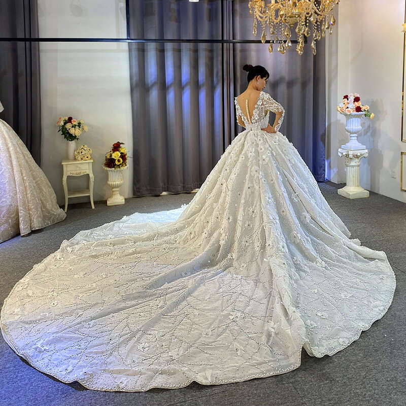 Long Sleeve Wedding Dress with Cathedral Train, Appliques, Beading and Crystals