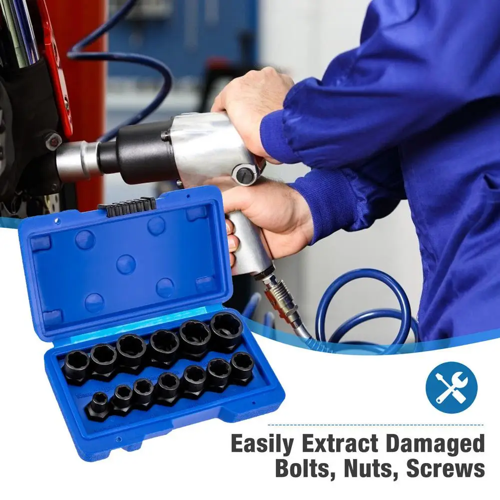 Nut Extractor Bolt 13Pcs Set 3/8" Square Drive Nut Remover Socket Tool Wheel Lock Removal Kit For Damaged Frozen Studs Screws smile 3/8"