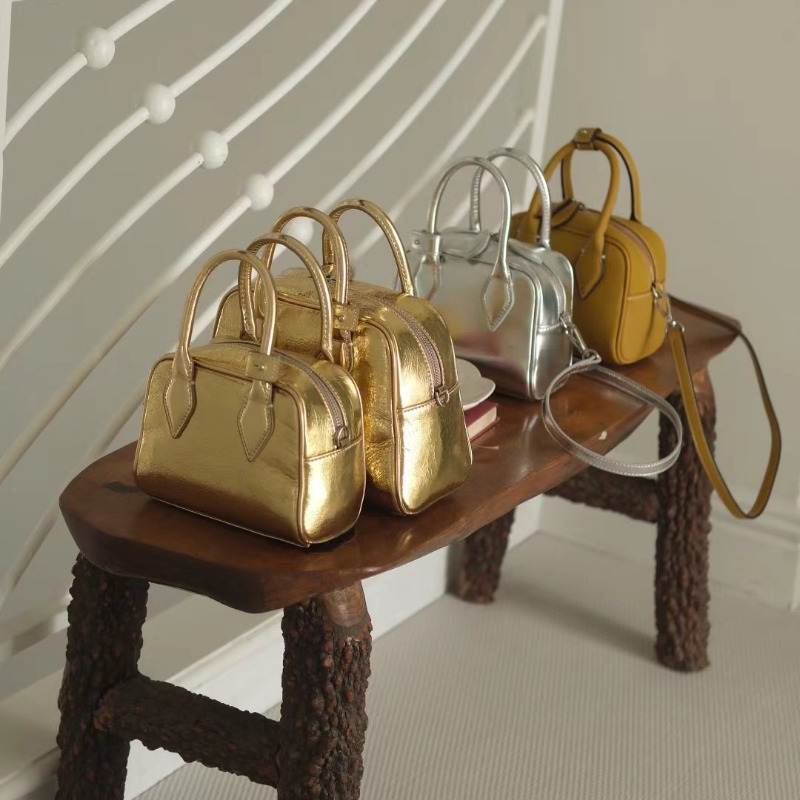 Fashion Stylish Shiny Gold Sier Color Tote Small Medium Size 100% Cowhide Leather Women Handbag High-Class Shoulder Bag Zipper Style Genuine Leather B