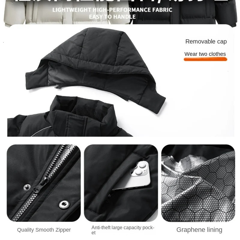 Mens Winter Warm Jacket High end Graphene Technology Heated Hooded Parka Couple Korean Style Long Thick Paddle Coat 241108