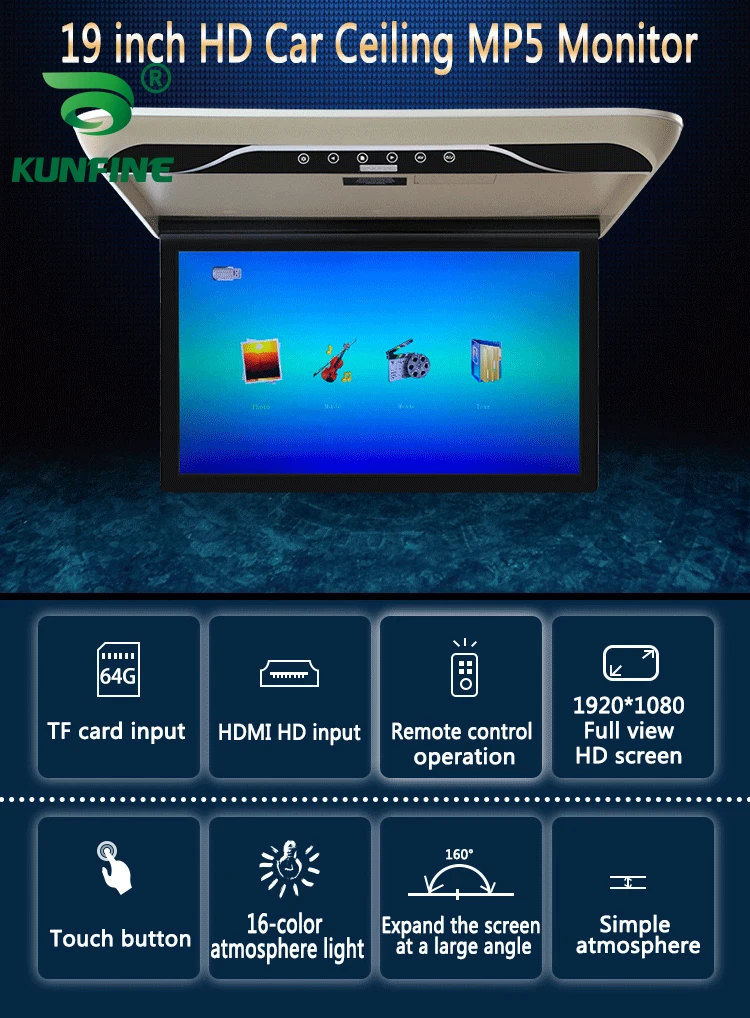 19'' MP5 Car Roof Monitor LCD Flip Down Screen Overhead Multimedia Video Ceiling Roof mount Display IR/FM Transmitter USB