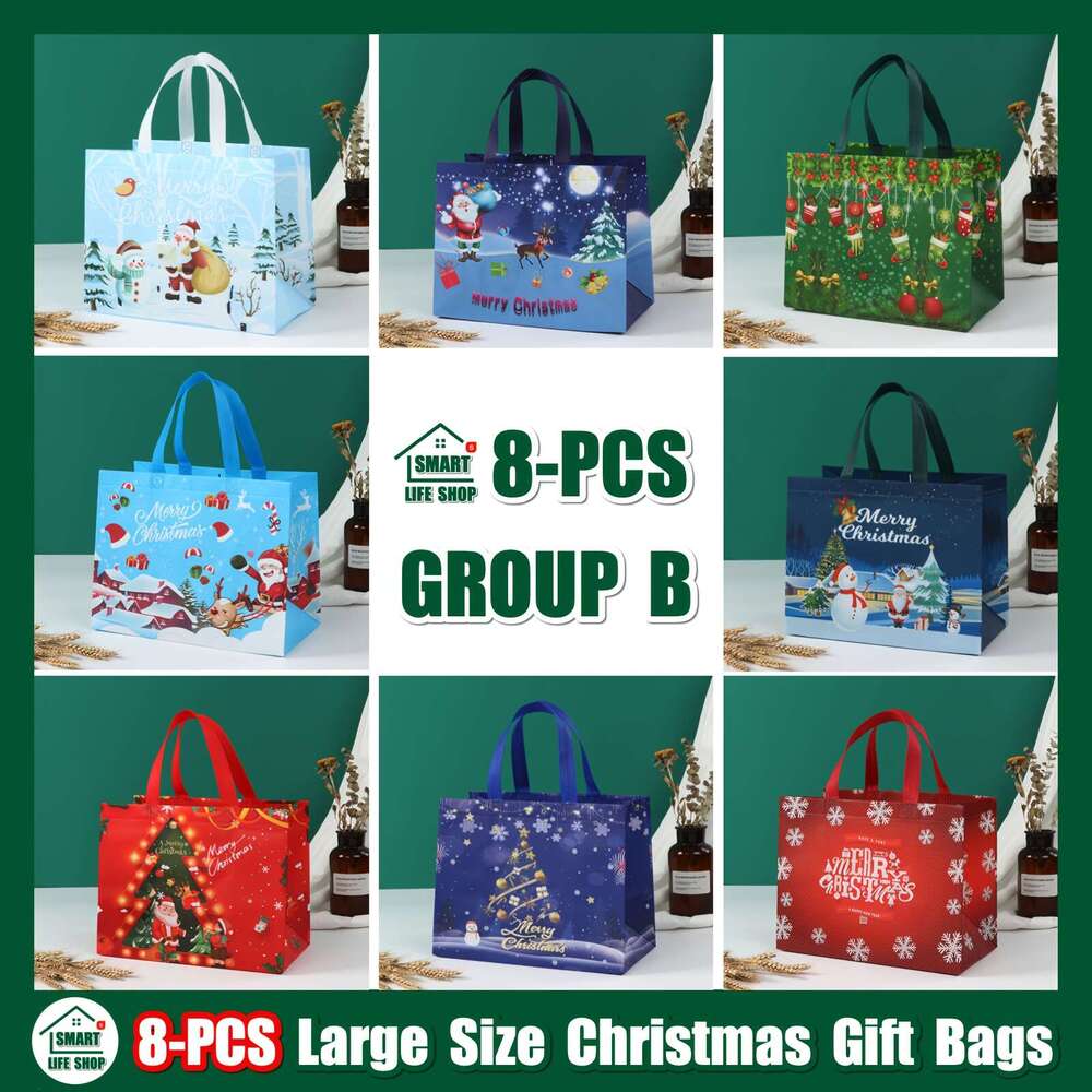 Christmas 8pcs Christmas - Reusable, Waterproof, Reinforced Handle Tote Bags for Grocery Shopping and Gift Giving