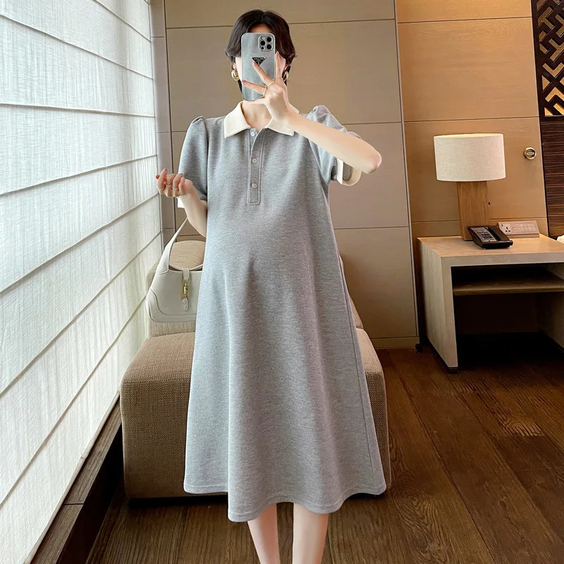 Autumn Korean Fashion Maternity Long Dress Elegant Ruffle O Neck A Line Clothes for Pregnant Women Pregnancy Clothing 240326bj