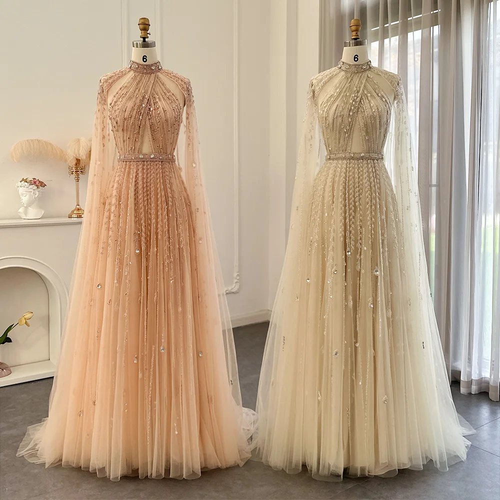 Sharon Said Luxury Dubai Champagne Evening Dresses with Cape Sleeves Elegant Arabic Formal Dress Women Party Gowns
