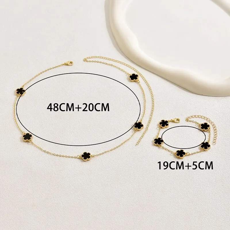 Colorful 2 Flower Pcs Necklace Bracelet Set New Design Copper Chain Gold Plating Jewelry Set Women's ddmysmile Temperament Gift Smile