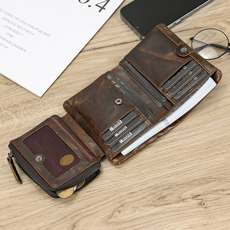 3 Folds Genuine Leather Short Wallet Soft Cowhide Men's Business Card Wallets Zipper Purse Luxury Designer Men Women Wallets
