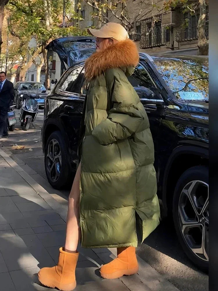 Super Raccoon Fur Army Green Quilt Down Jacket Winter Thick Plus Loose Warm White Duck Inflatable Jacket Womens 241108