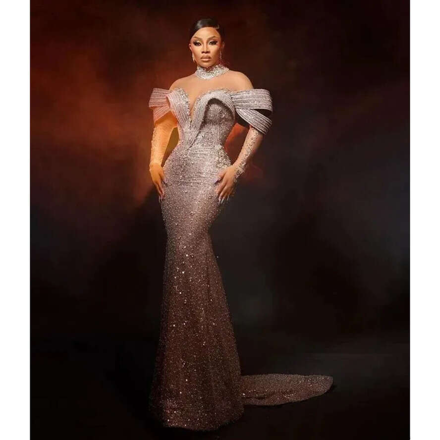 Aso Oct Ebi Arabic Sier Mermaid Prom Dress Beaded Crystals Evening Formal Party Second Reception Birthday Engagement Gowns Dresses Robe De Soiree