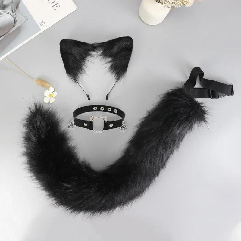 Handmade Furry Cat Kawaii Ears and Tail Set Wolf Fox Hair Clip Faux Fur Leather Neck Choker Halloween Party Cosplay Set Gift Bag smile